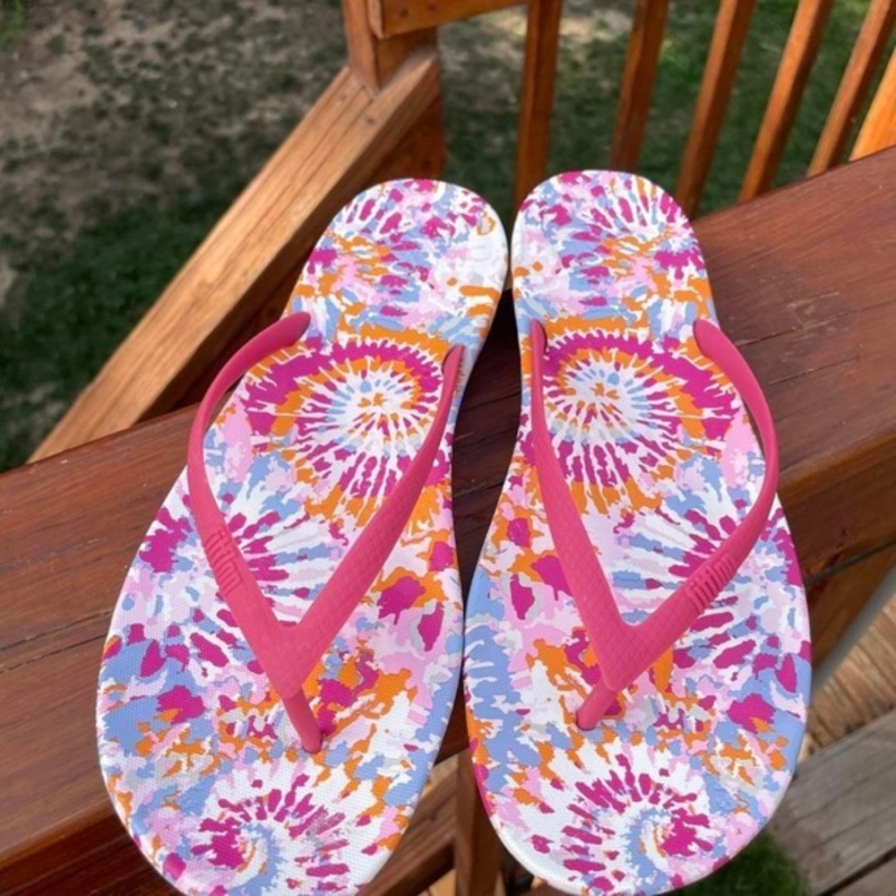 FitFlop Womens 10 iQushion Art Dye Flip Flops Pink Orange Blue White Tie Dye